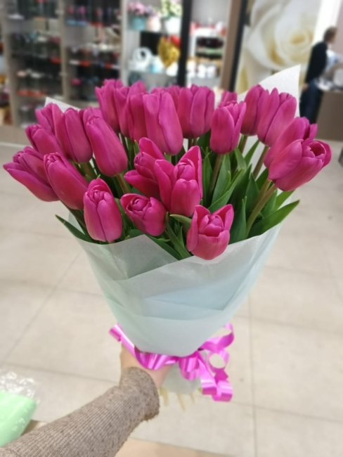 Букет из 21 тюльпана. малиновый